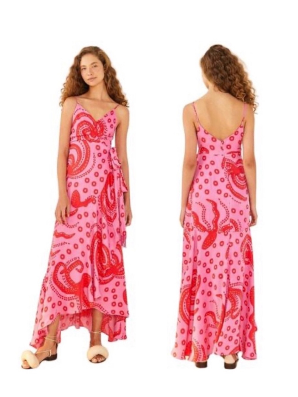 Farm Rio Sleeveless Pink & Red Wrap-Style High-Low Maxi Dress
